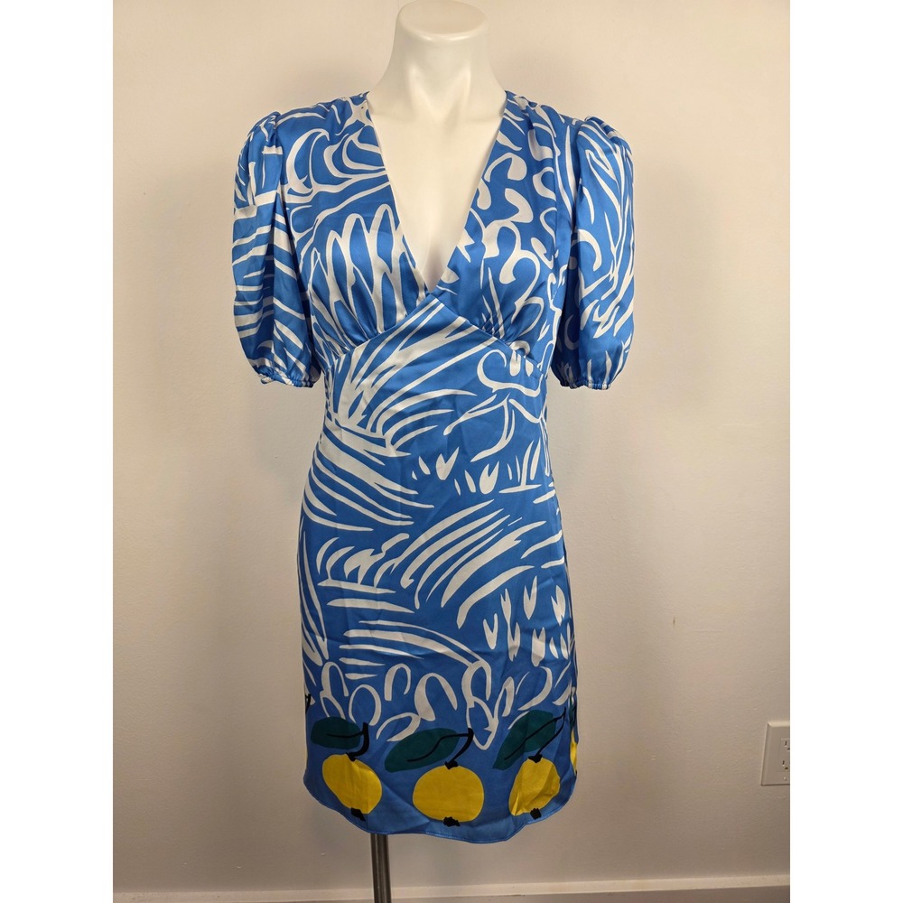 STAUD NWT Mini Milla Dress Sky Citrus Scarf Print Blue White‎ Lemon Size 8